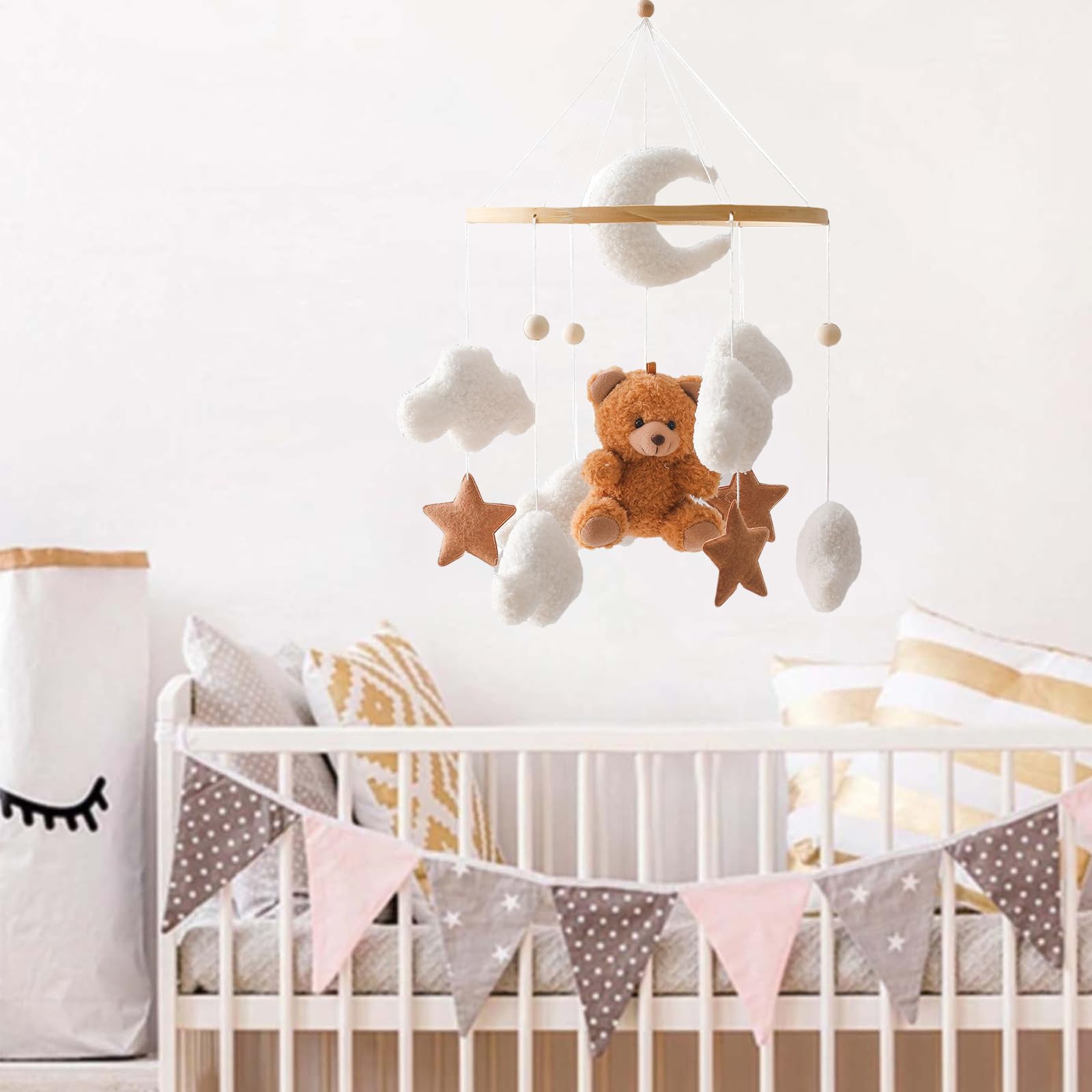 Mobile Baby Windspiele, Babybett Mobile 3D Bär Hase Kaninchen Wolken, Kinderzimmer Hängende Bettglocke, Neugeborenen Geschenk für Baby Jungen und Mädchen (Braun Bär)