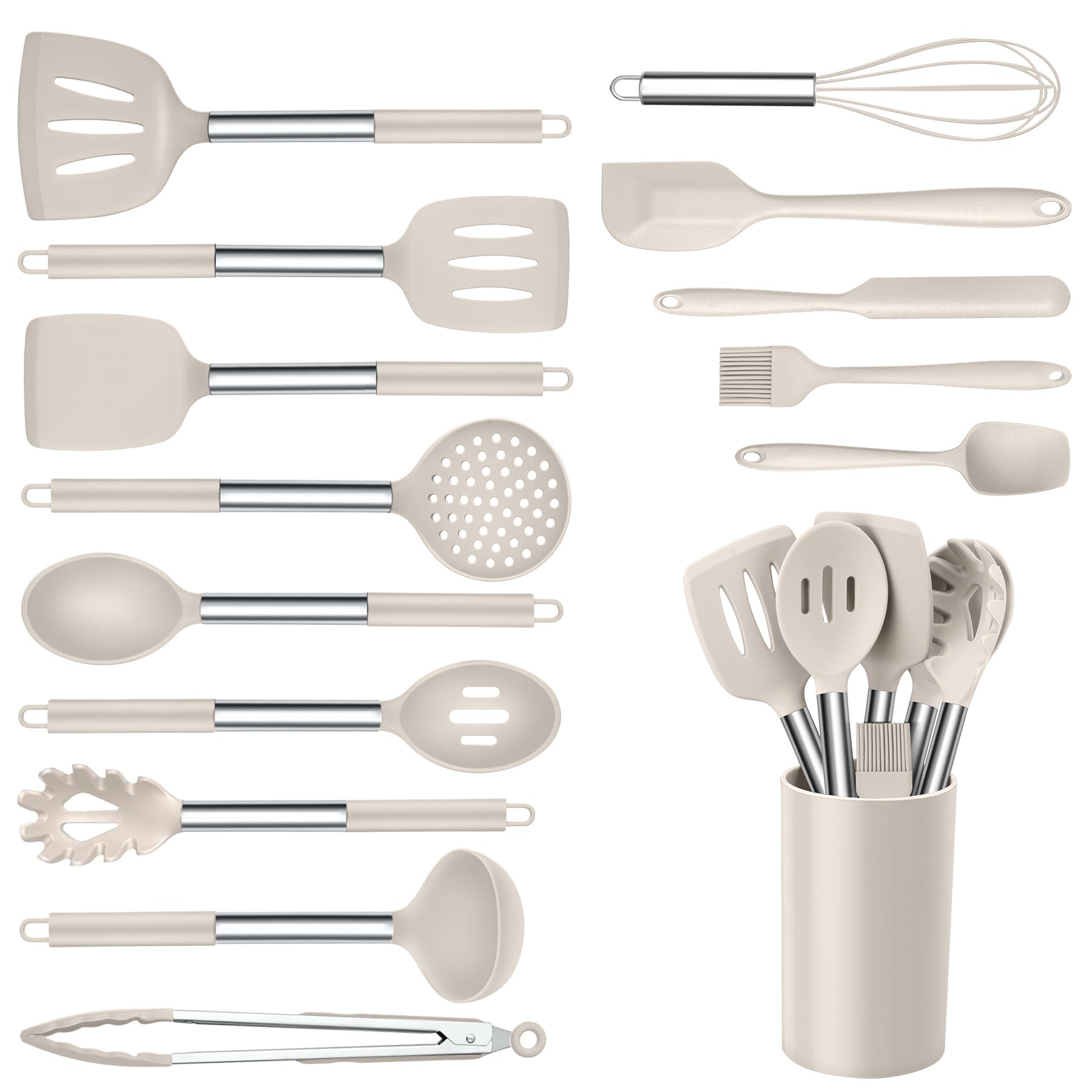 Onader Silicone Cooking Utensils Set of 15, Kitchen Utensils Set with Holder for Nonstick Cookware, 446°F Heat Resistant Stainless Steel Handle - Khaki