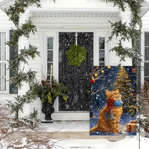 Image of BlissYard Christmas Cat Garden Flag 12x18 Double Sided Vertical Flag Christmas Outdoor Decorative Flags Orange Cat House Flags for Outside Winter Christmass Yard Garden Lawn Banner