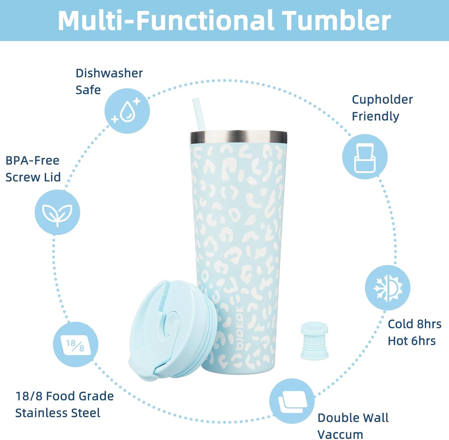 BJPKPK 26oz Tumbler With lid And Straw Stainless Steel Travel Coffee Mug Insulated Tumblers Cups,Light Blue Leopard - Image 3