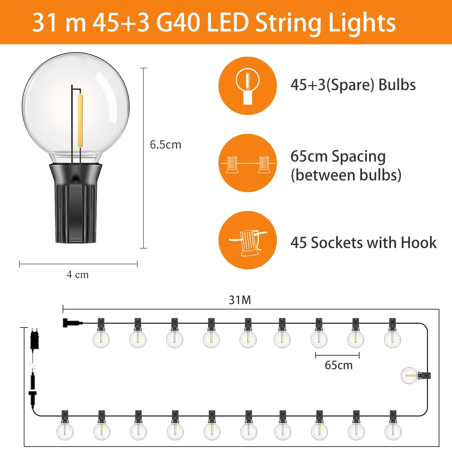 eisaro Catena Luminosa Esterno | 31M Catena Luminosa Esterna, Dotata di Lampadine G40 45+3, Materiale Plastico, IP44 Impermeabile, Adatta per Esterni E Interni, Balconi, Feste, Terrazze E Altri