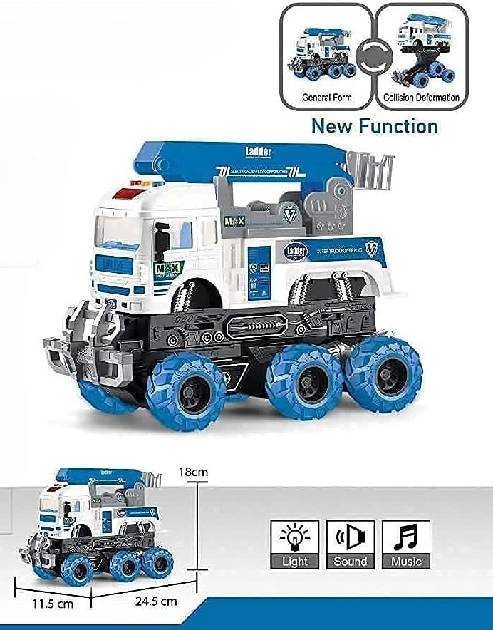 KRIREEN Heavy Deformation Truck Construction Friction Power Push and Go with 6 Wheel Toy for Kids with Sound and Lights, Best Gift for Birthday (Multicolour), (Pack of 1) (Electric Safety Truck) 2