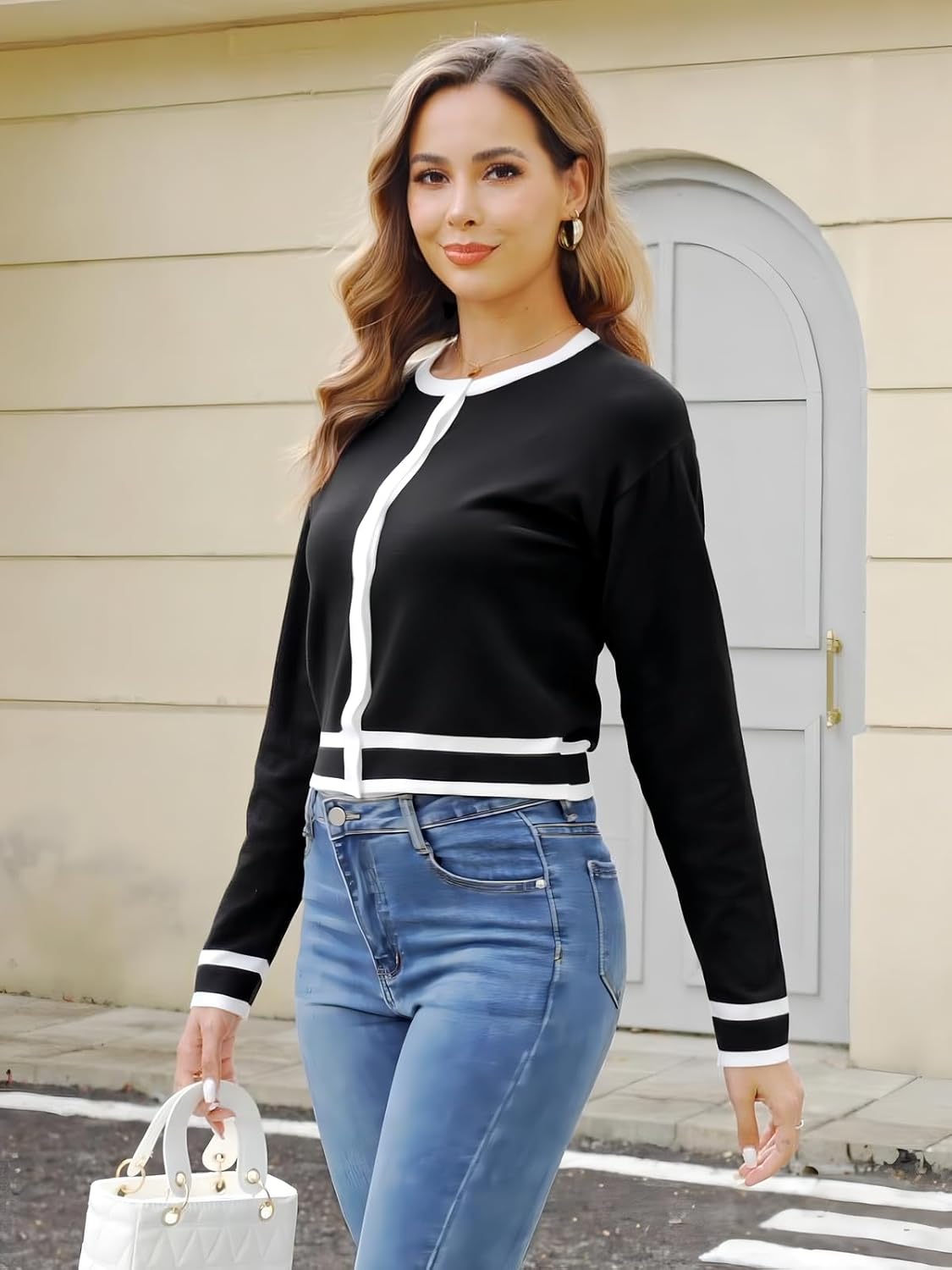 ZANZEA Cropped Cardigan Sweaters for Women Color Block Lightweight Bolero Shrug Button Down Long Sleeve Tops Fall Outfits - Image 2