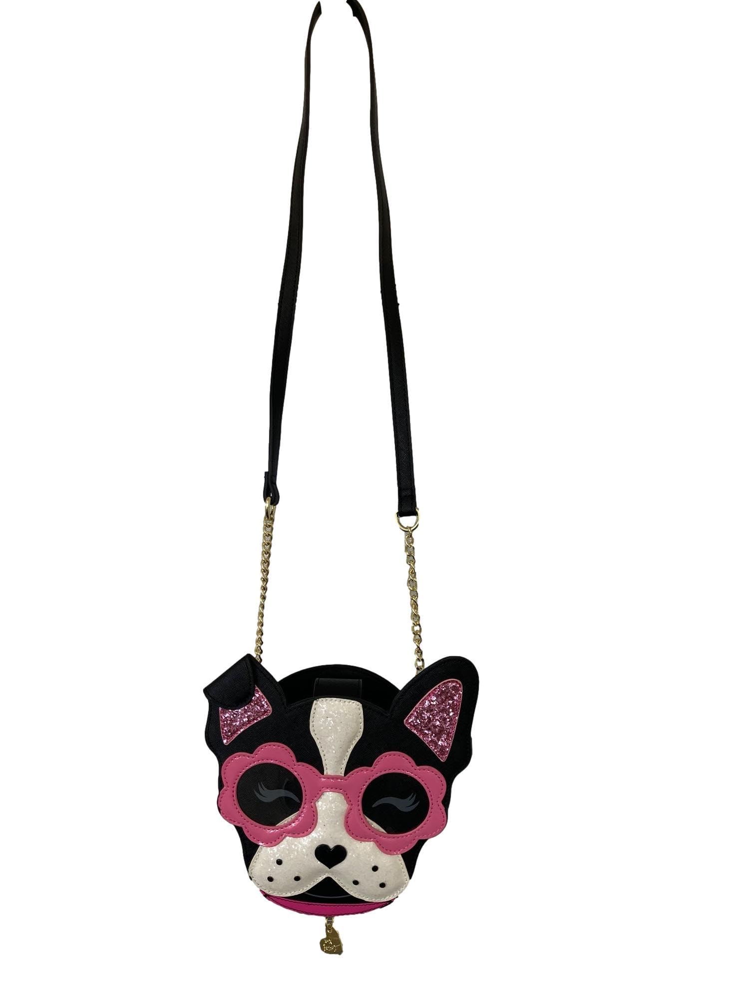 Betsey Johnson XO PUP Kitsch Puppy Dog With Sunglasses Pink Glitter Ears White Glitter Face & Snout With Black Heart Nose & Metal Gold Tone XOXO BETSEY Heart Dog Tag Crossbody Handbag