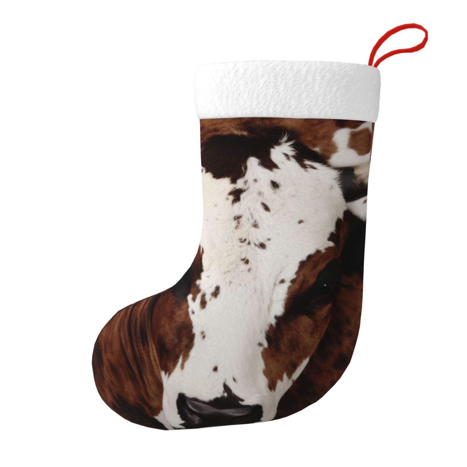 Brown Cowhide Art Print Christmas Stocking, 28x45cm Holiday Hanging Stockings for Fireplace, Tree Decorations, Gift Giving, and Party Festive Decor