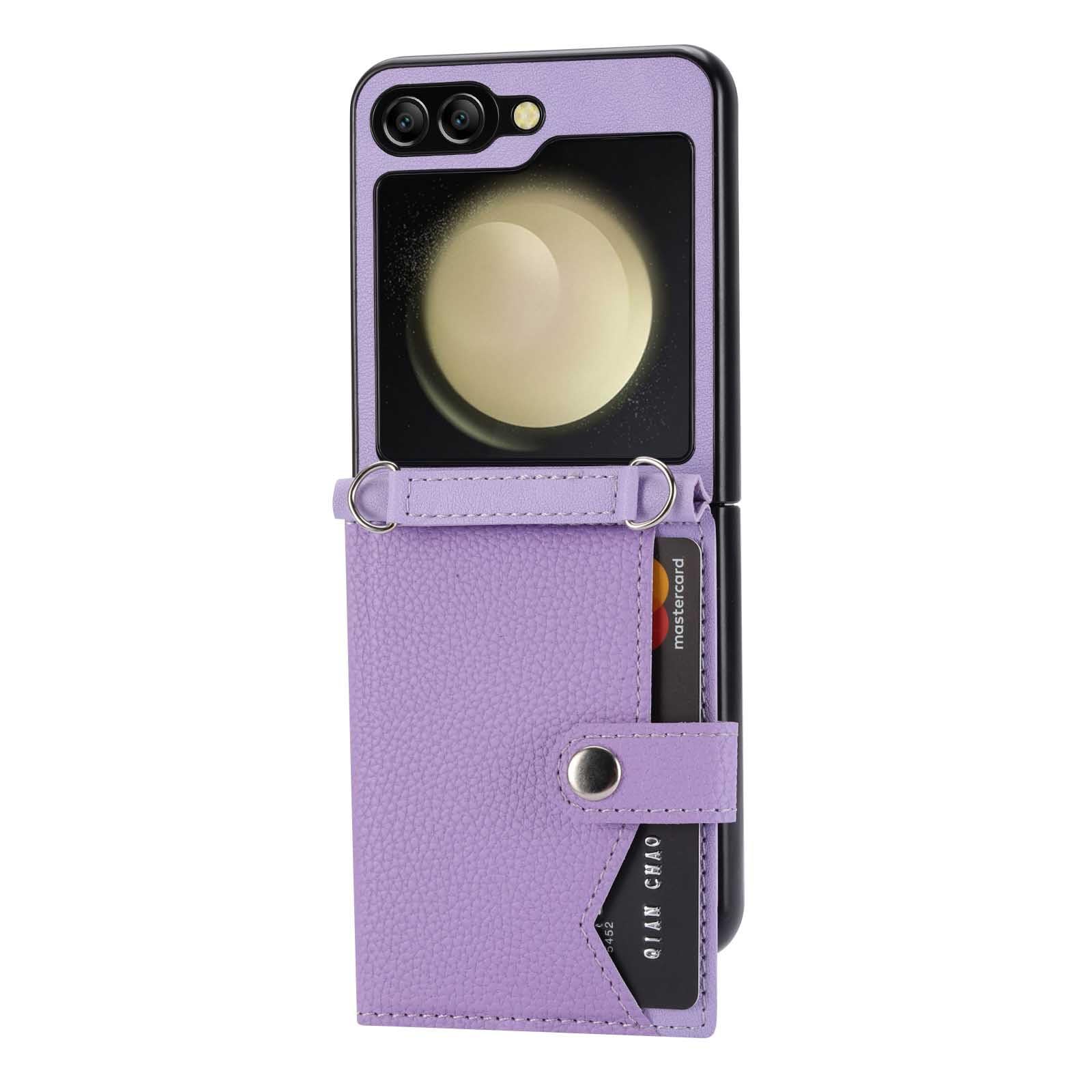 Skórzane etui do Samsung Galaxy Z Flip 6, etui crossbody z klapką z 5 przegródkami na karty, ręcznie wykonane, odporne na wstrząsy, fioletowe