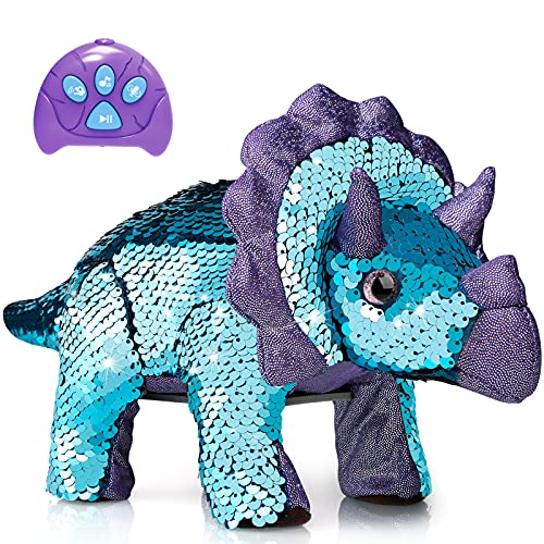❤ Crazy Deals Remote Control Triceratops Toy for Girls, Flip Sequin Dinosaur Toy with Reversible Sequins Sparkle, Talking,Walking, and Singing Triceratops Toy for Boys Girls Kids