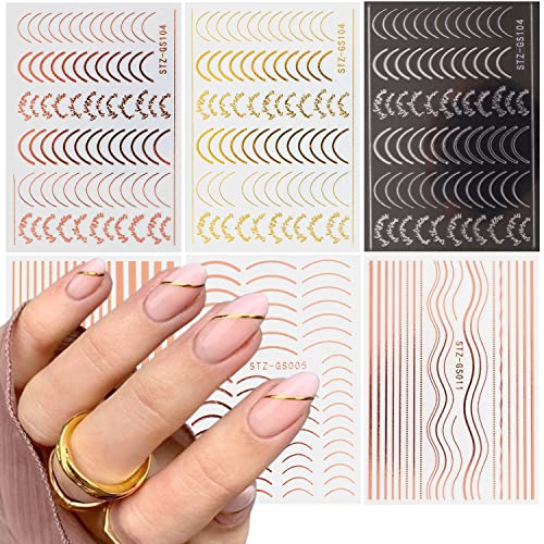 French Line Nail Art Stickers, Wavy Line Arc Nail Self-Adhesive Sticker Design, Gold Silver Rose Gold Line Nail Art Decal Design For Women Girls Manicure Charms Decorations, Resin Decal Nail Art Tips #TOP14