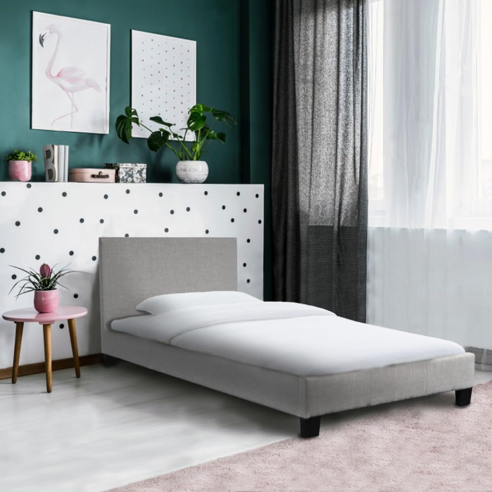 Cama de 90 x 190 cm gris claro en madera minimalista para dormitorio