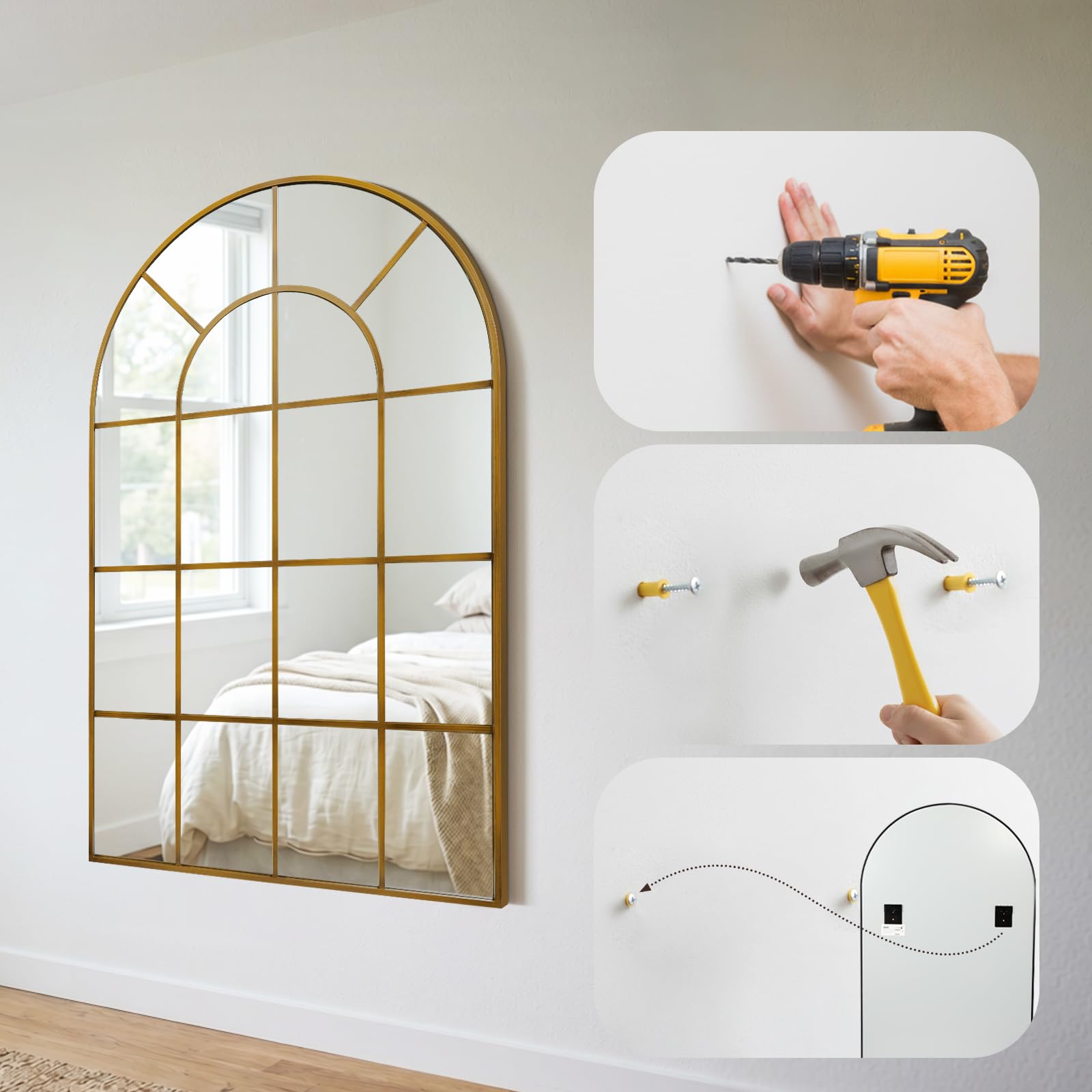 Reflix Espejo de jardín al aire libre, 90 x 60 cm, espejos de pared para decoración, espejo de ventana con marco de aluminio para pasillo, sala de estar, dormitorio, entrada, bronce