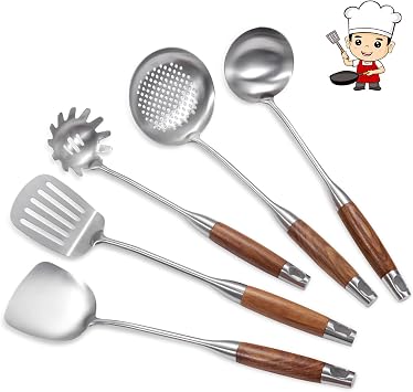 YFWOOD Kitchen Utensils Set, 5-Piece Stainless Steel Spatula Set, Skimmer, Pasta Spoon, Wok Spatula, Serving Spoon, Ladle, Wooden Handle, Dishwasher-Safe