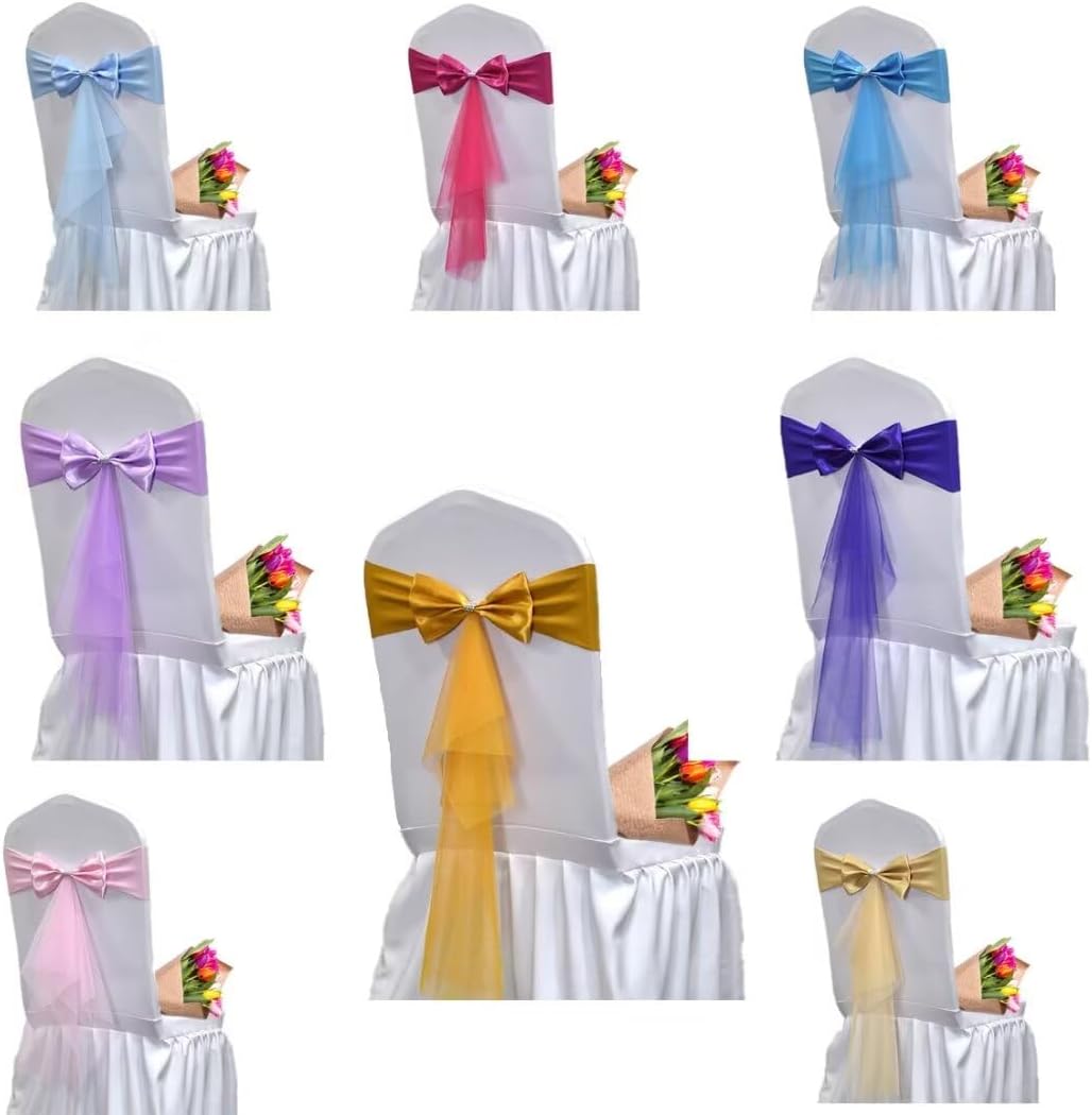 Golden Yellow 15 PCS Classic Bow Gauze Stretch Chair Sashes,Organza Elastic Sashes Chair Bands for Wedding Party Reception Events Celebration Banquets Hotel Event Decorations Chairs Decoration