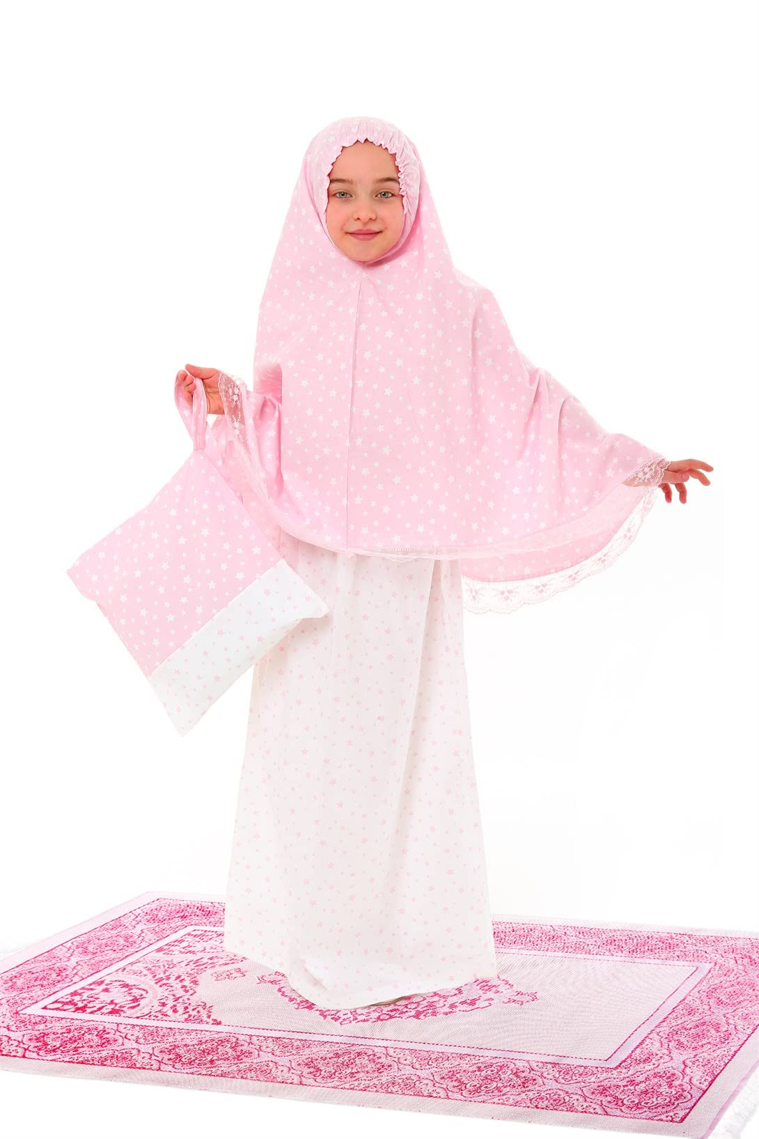 Elanesa Girls prayer clothes kids Islamic clothing 4 piece set prayer clothes skirt dress with a head scarf, prayer mat - Image 3