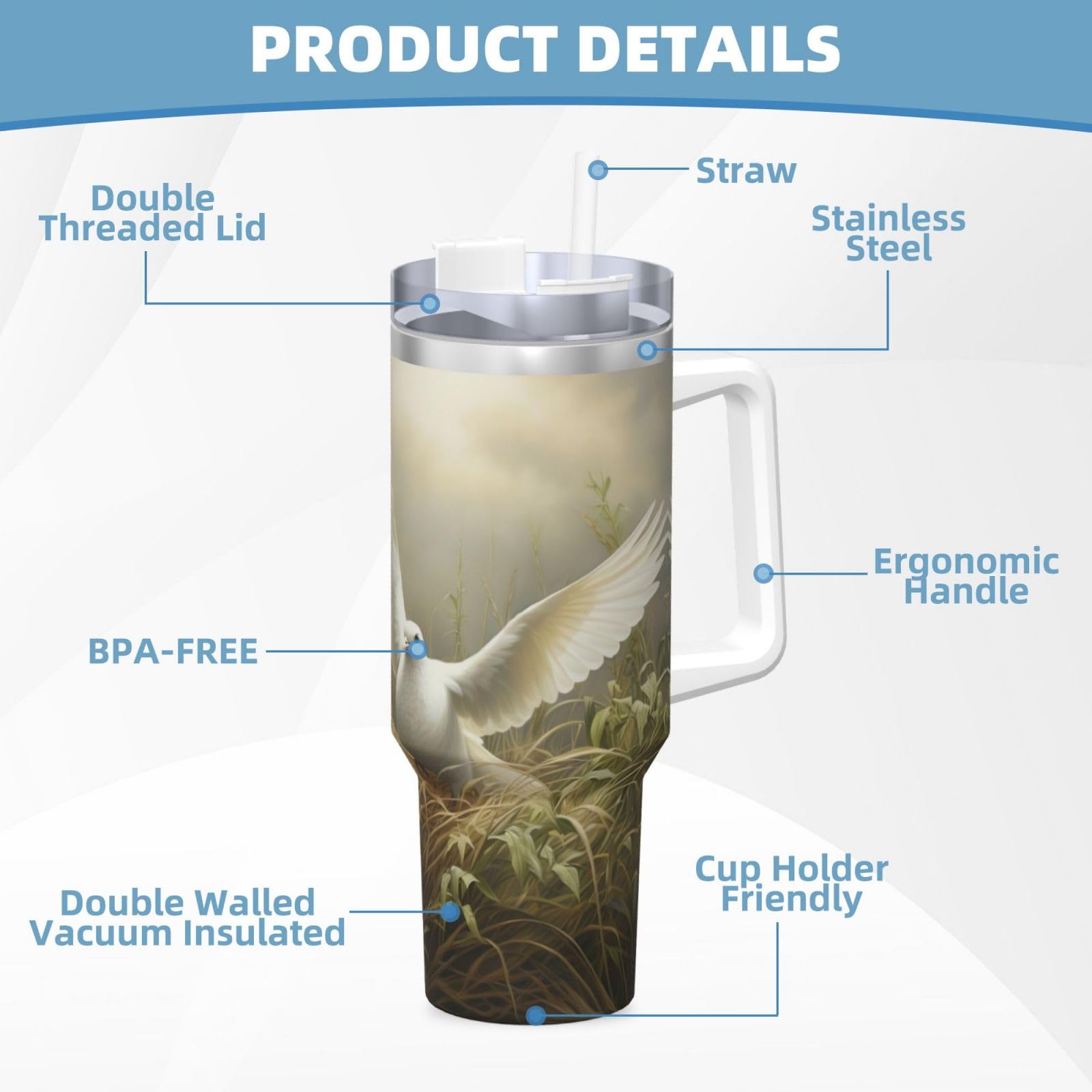 Grass and Dove Wasserflasche aus Edelstahl, doppelwandig, isoliert, mit Griff und Strohhalm-Deckel, 1,2 l