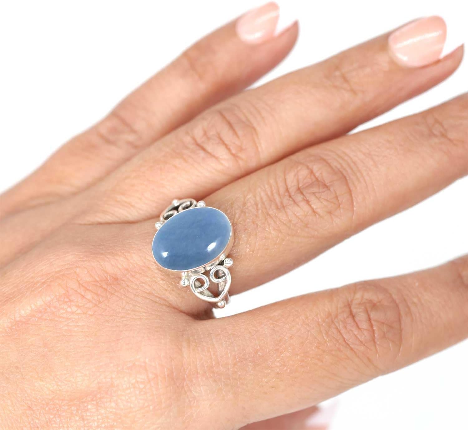 JEWELOPORIUM Blue Angelite Silver Ring Size 5 to 13, 925 Sterling Silver Ring for Women, Genuine Oval Gemstone Boho Jewelry