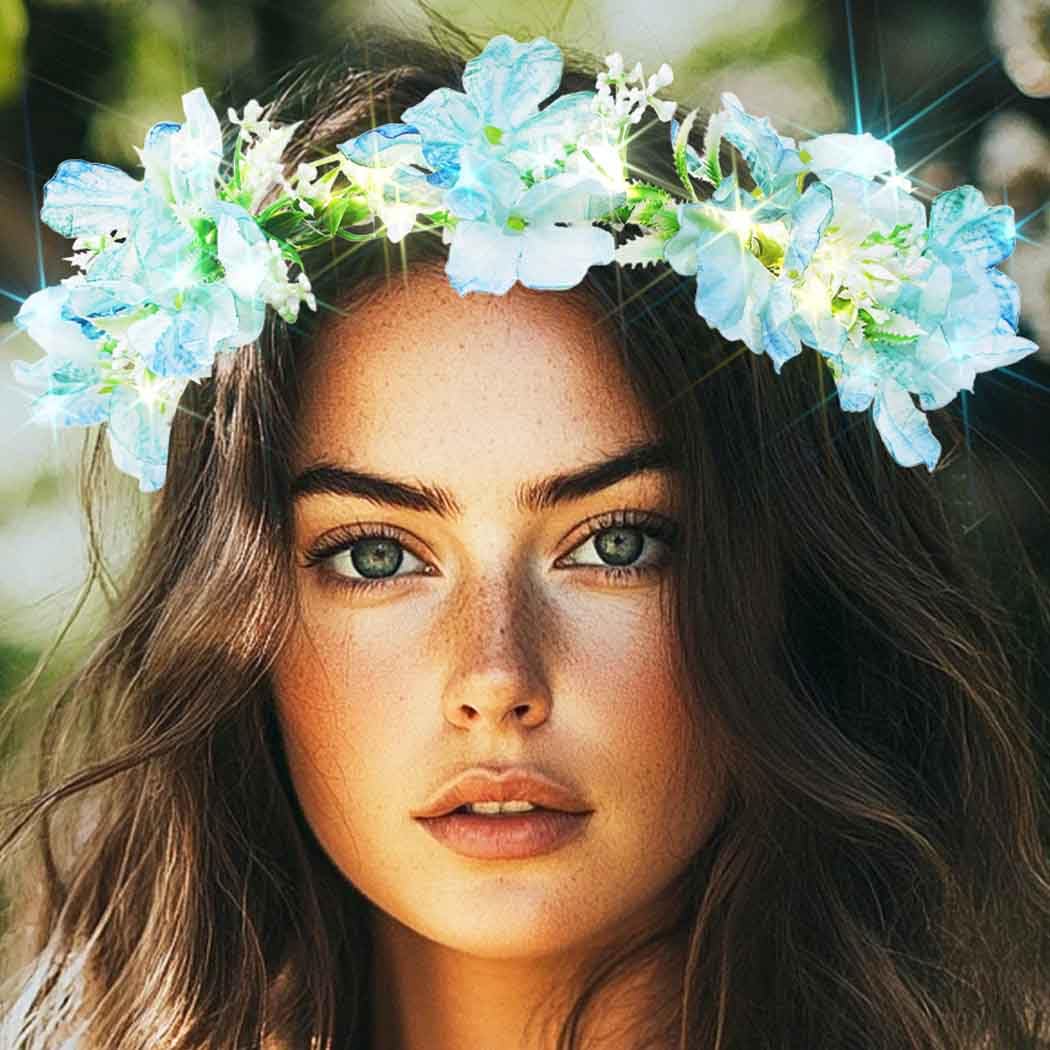 DRESBE Light Up Flower Crown Headbands LED Hawaiian Floral Hair Accessories for Women (Blue)