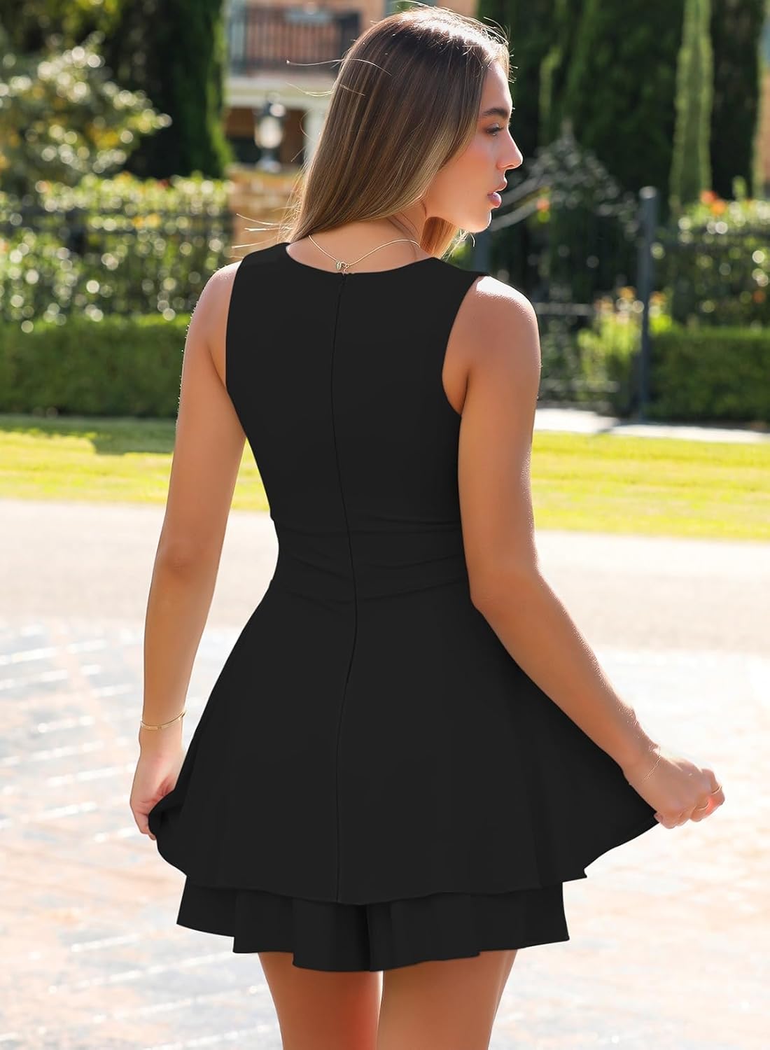 Fixmatti Women's Romper Square Neck Ruched Waist Ruffle Hem Mini Shorts Jumpsuit Outfits - Image 5