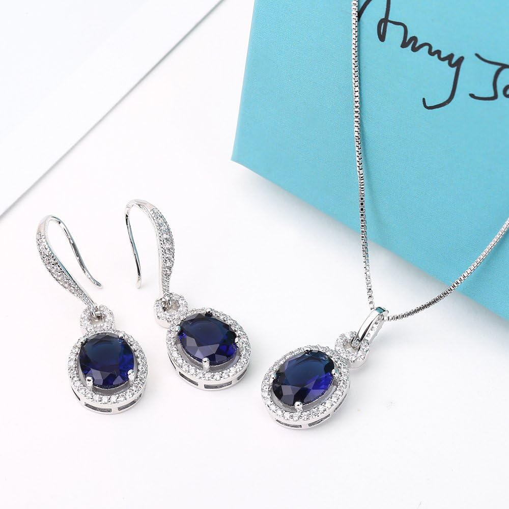 AMYJANE Rhinestone Jewelry Set for Women Bridesmaid Bridal Wedding Jewelry Silver Plated Cubic Zirconia Crystal Oval Halo Necklace and Dangle Earrings Set Costume Jewelry Gift Girls Mom Wife Lady