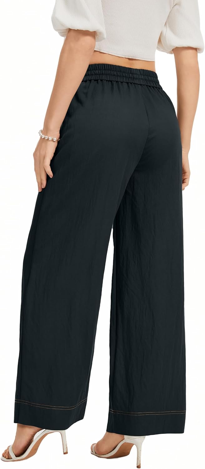 Casual Women's Wide Leg Summer Pants High Elastic Drawstring Waisted Cropped Loose Trousers - Image 6
