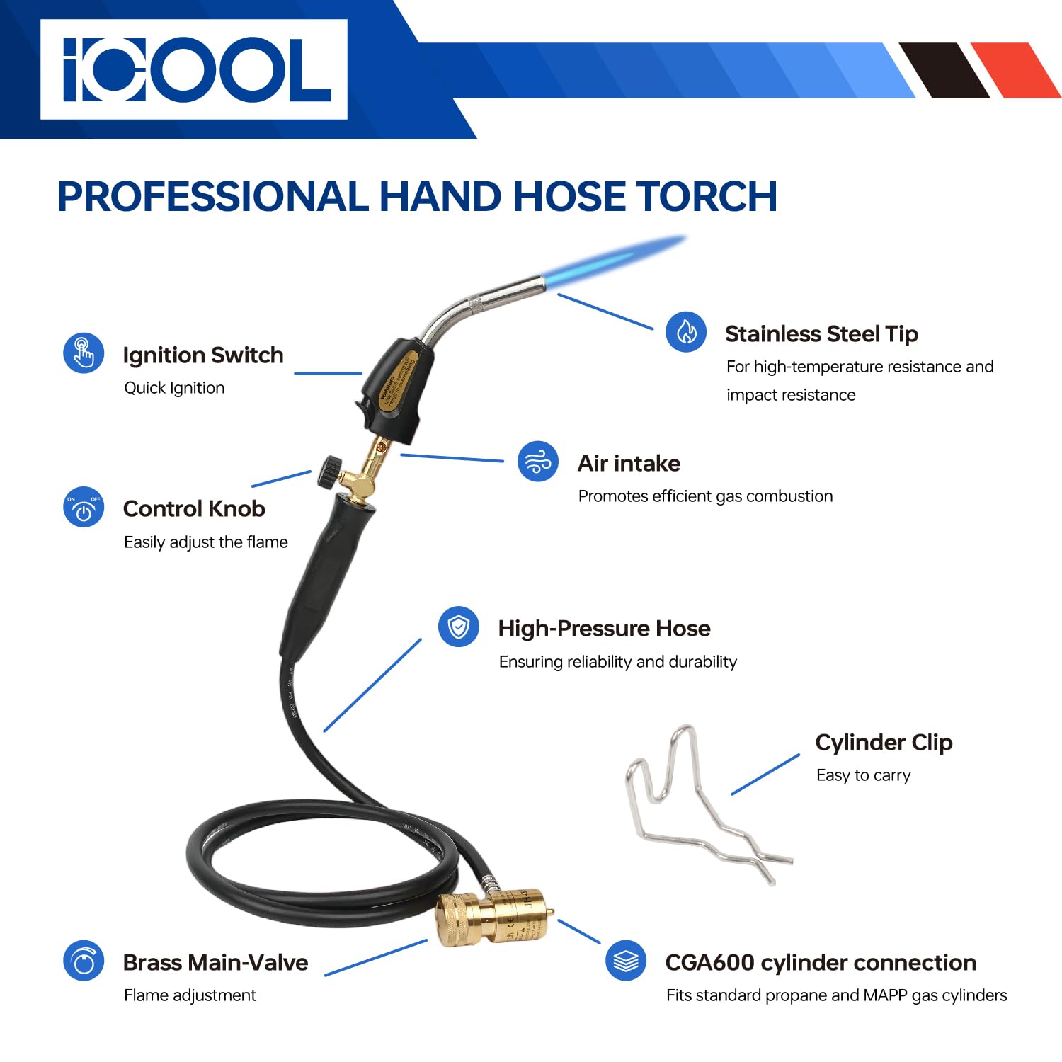 ICOOL Torcia a propano con tubo flessibile, torcia a gas Mapp con valvola, accensione rapida e regolazione del calore, torcia per saldatura di tubi in rame, gioielli, impianti idraulici, HVAC