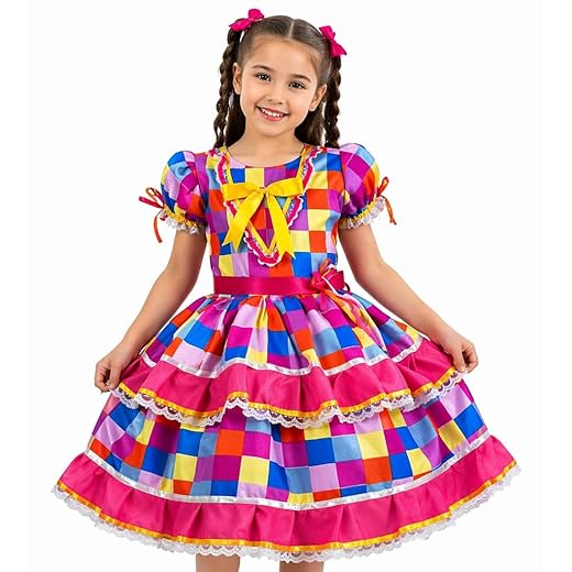 Vestido Festa Junina São João Quadrilha Caipira Infantil Rodado Xadrez Boiadeira Luxo