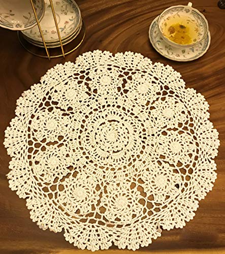 Janef Beige Handmade Crochet Cotton Table Cloth Lace Doilies Round Lace Tablecloths 15.7 Inches 2Pc. #TOP13