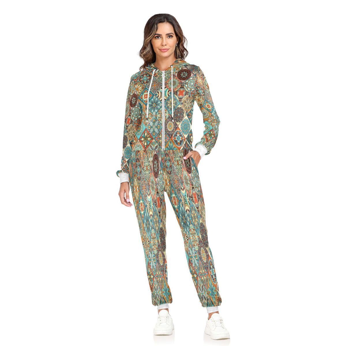 Conjunto deportivo de 2 piezas para mujer, diseño étnico floral, mandala, manga larga, conjunto deportivo indio bohemio