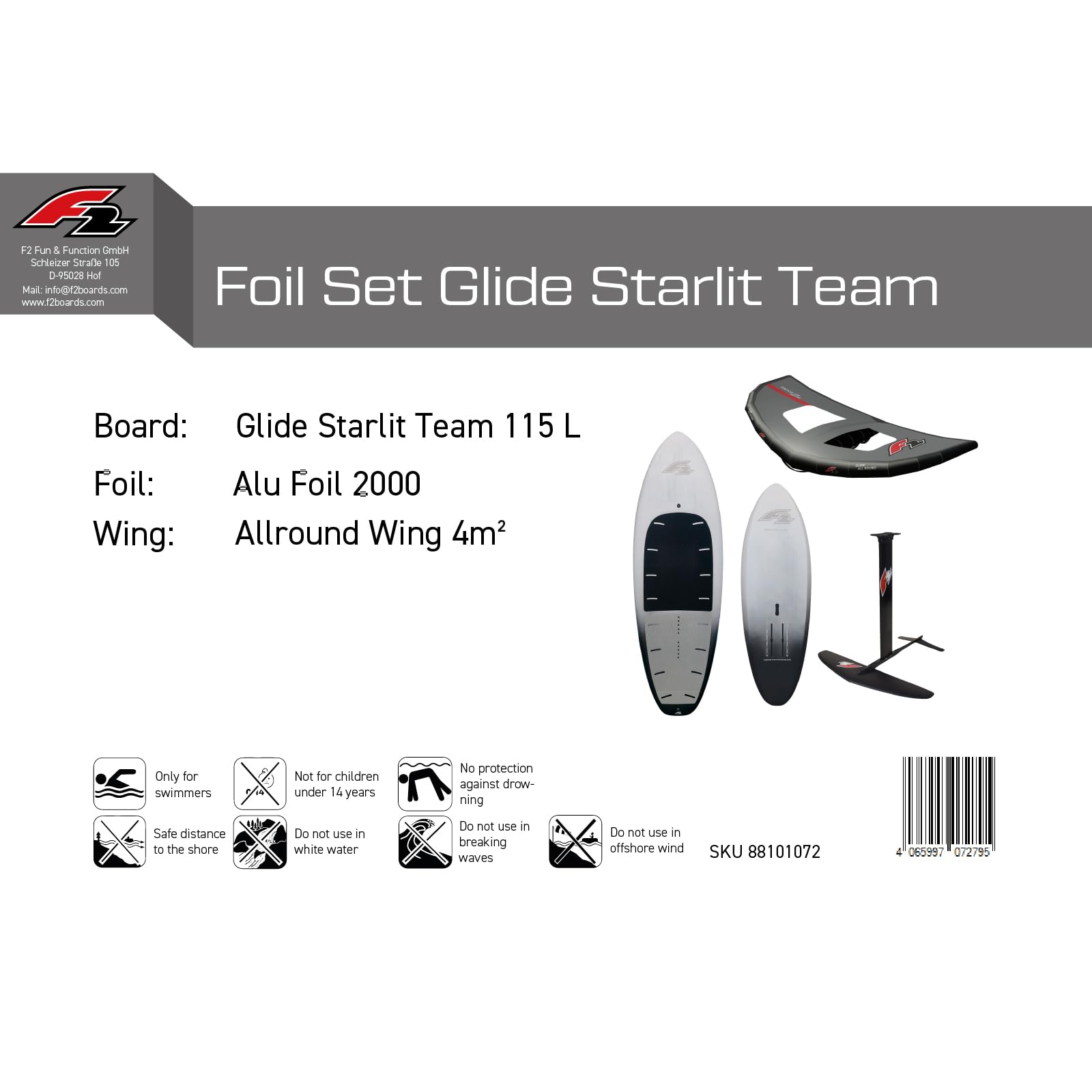 F2 Set Foilboard Starlit Team Grau 115L + Alu Foil 2000 + Wing 4qm