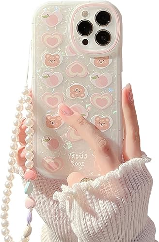 Fycyko Funda compatible con iPhone 15 Pro Max con cadena, bonita funda estética con diseño de corazón y oso con dije de perla para iPhone 15 Pro Max