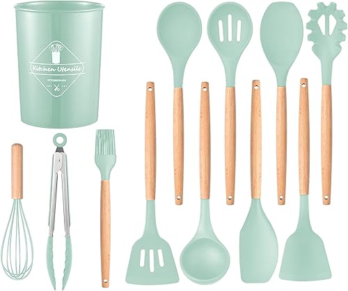 Juego de utensilios de cocina de silicona 12 piezas resistentes al calor pinzas giratorias espátula cuchara cepillo batidor mango de madera