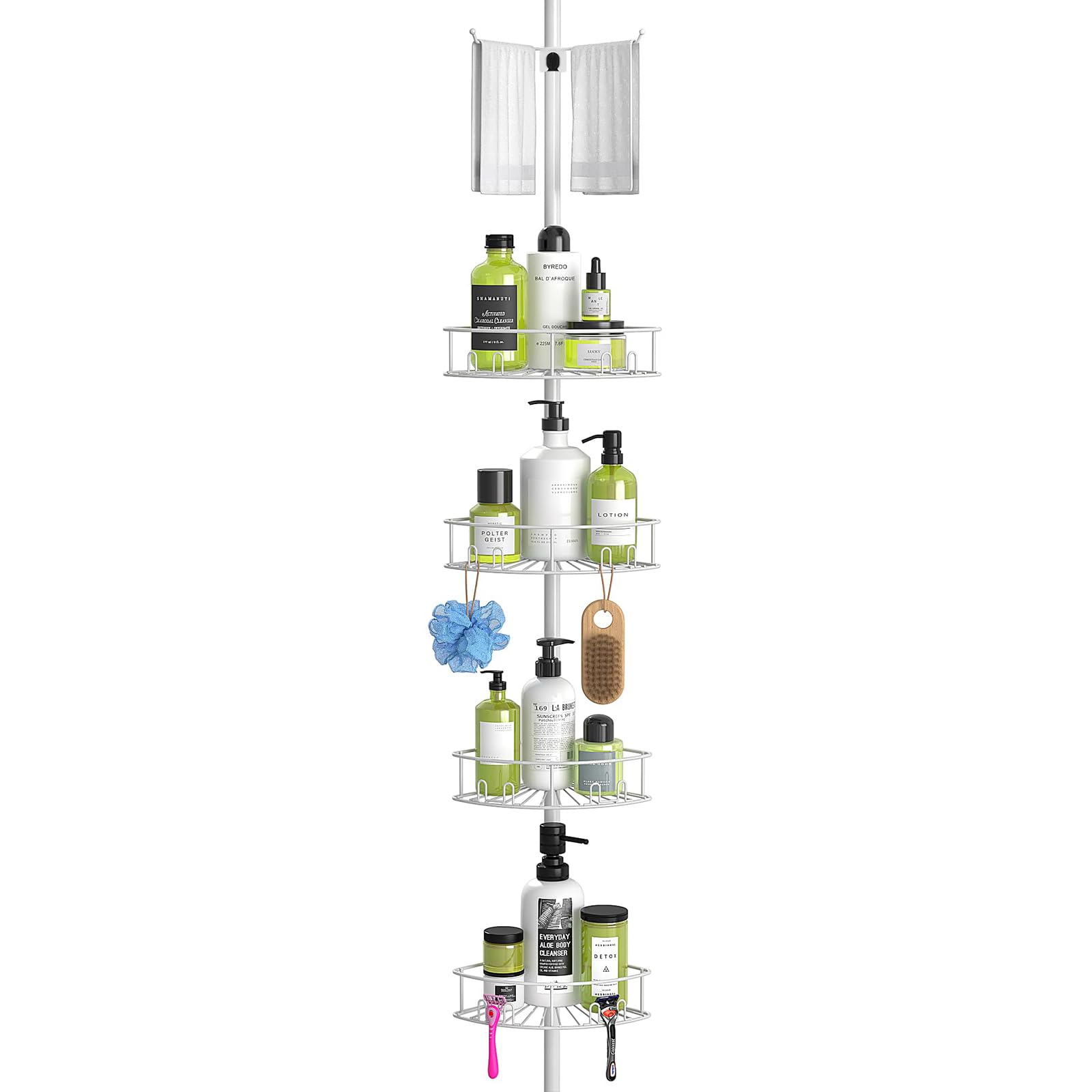 Mutool 5 Tier Adjustable Corner Shower Shelf, Telescopic Shower Caddy with Towel rack, No Drilling Bathroom Storage Organizer for Shampoo Accessories (White)