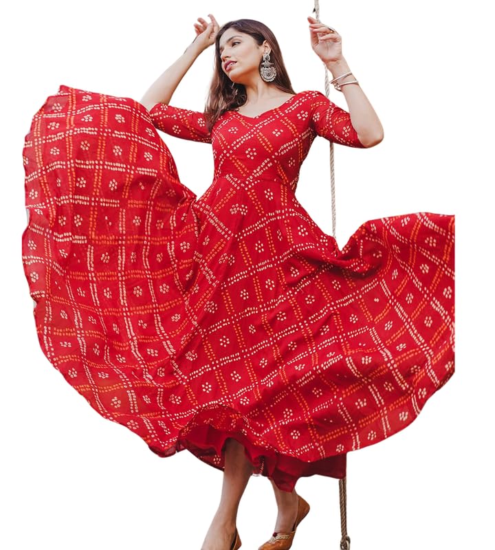 Image of Bandhej Anarkali Kurti | Flared Dress for Girls and Women | Jaipuri Print Rayon Kurti | Red
