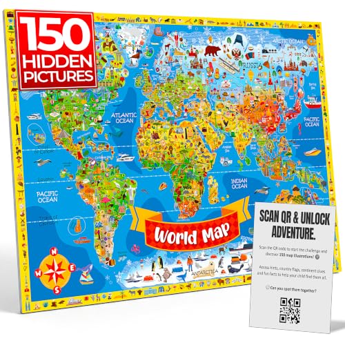 Kids World Map Poster 84x60cm - Illustrated Search & Find 150 Pictures