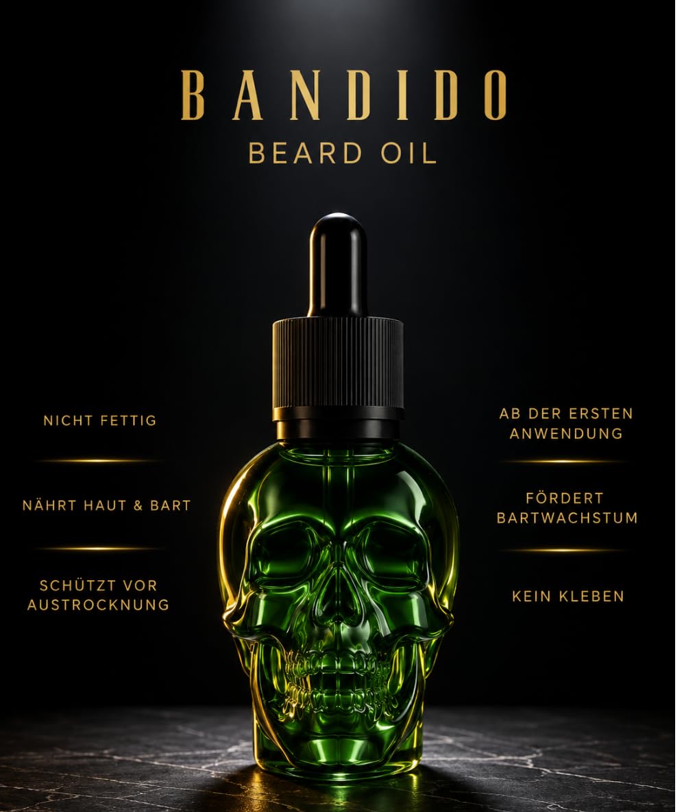 Bandido Olio per barba, per la cura quotidiana della barba di 3 giorni o barba piena, idea regalo per gli uomini, 40 ml con dispenser per pipetta, design teschio, siero per barba, colore verde