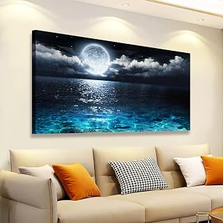 Ocean Wall Art Canvas Prints Seascape Themed Pictures Home Decor Moon Sea Wave Paintings for Living Room Bathroom Bedroom Kitchen Wall Decoration Natural Landscape Wooden Frames Artwork Hanging Easy