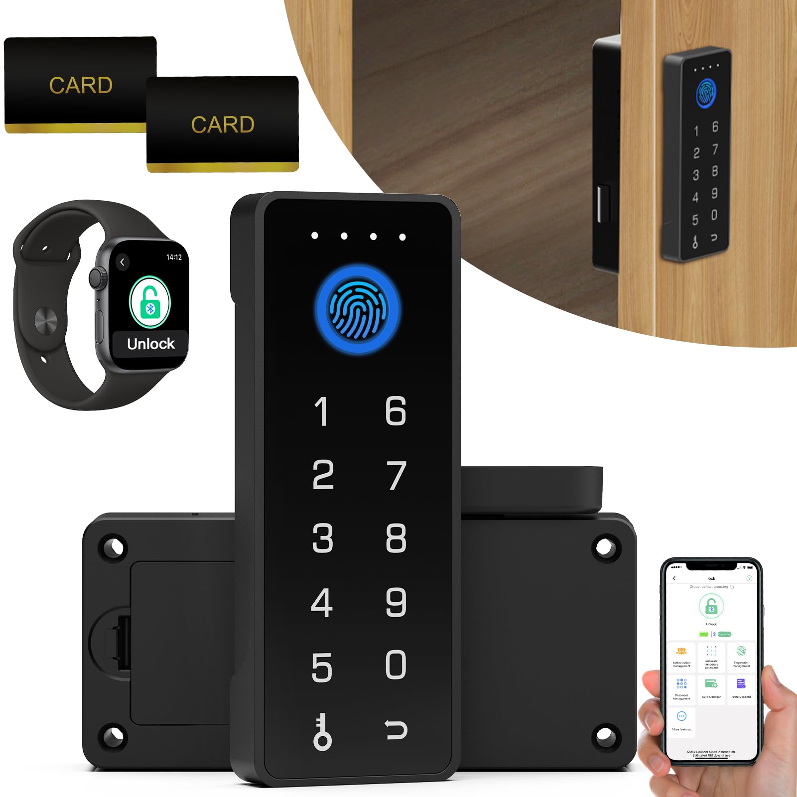 Smart Cabinet Lock with Fingerprint and Password - RFID Child Safety Lock with APP - Keyless Magnetic Lock - Perfect for Lockers Drawers Locker Cupboard Closets, Black, F31BF-S