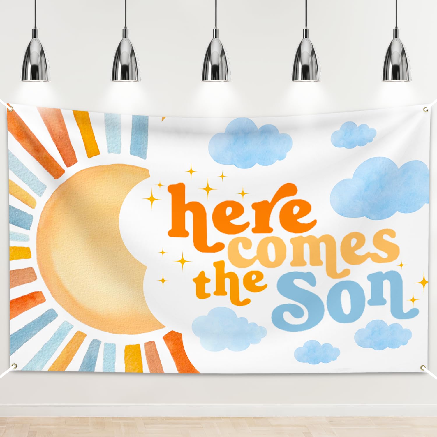 Photo 1 of “Here Comes the Son” Backdrop 3.6x6ft – Gender Reveal Photo Banner, Baby Shower Party Background Decor, Birthday Photo Booth Supplies, Sun Boy Themed Decor