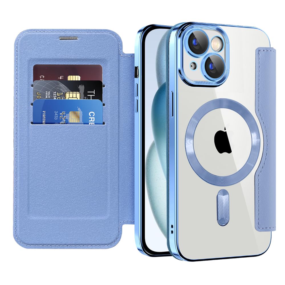 Cover Magnetica per iPhone 15 [Compatibile con MagSafe] Pelle PU Flip Portafoglio con Scomparto per Carte blocco RFID Trasparente Custodia per iPhone 15, Blu Dar Peaks JD