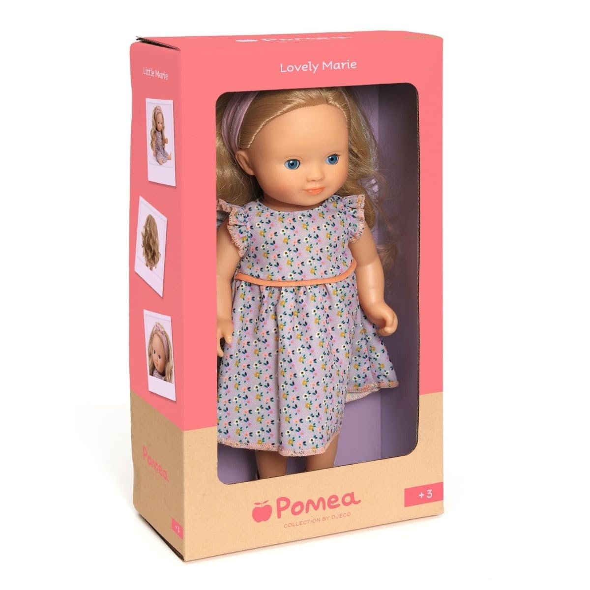 Djeco Puppe Marie | 32 cm große Spielpuppe ab 3 Jahren mit blondem Haar zum Frisieren, Schlafaugen, weichem Vinyl & waschbarer Kleidung | POMEA Stehpuppe Mädchen