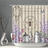 AMNYSF Lavender Manor Shower Curtain French Country Garden Watercolor Floral Butterfly Bee Vintage Q