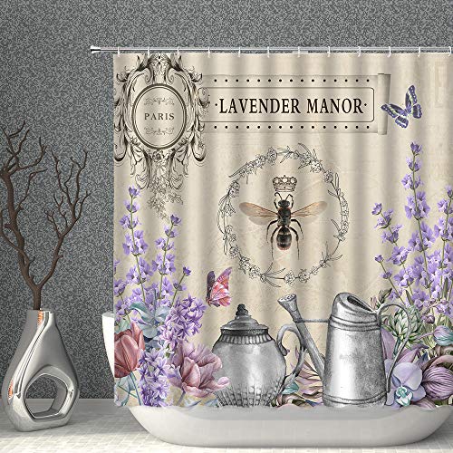 Amnysf Lavender Manor Shower Curtain French Country Garden Watercolor Floral Butterfly Bee Vintage Queen Watering Can Decor Fabric Bathroom Curtains Polyester With Hooks 70X70 Inch #TOP4
