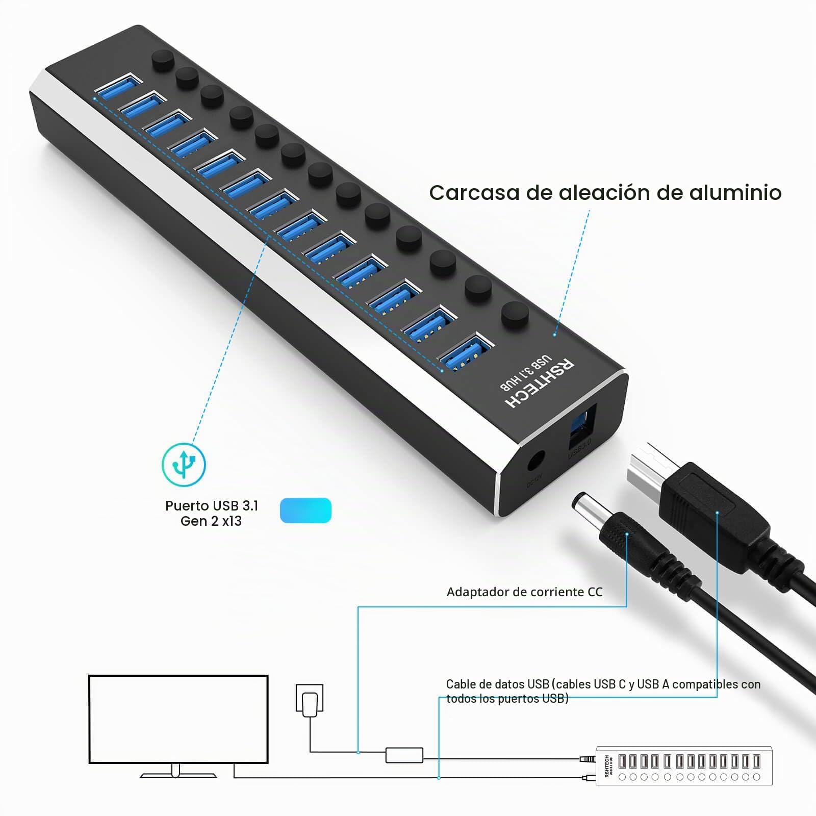 RSHTECH Hub USB 3.0 13 Puertos, Aluminio Concentrador Multipuerto con Alimentación 12V/6A, Protección contra Sobrecorriente y Sobretensión, Interruptor Independiente y Cable Datos 10 Gbps *2.RSH-A13