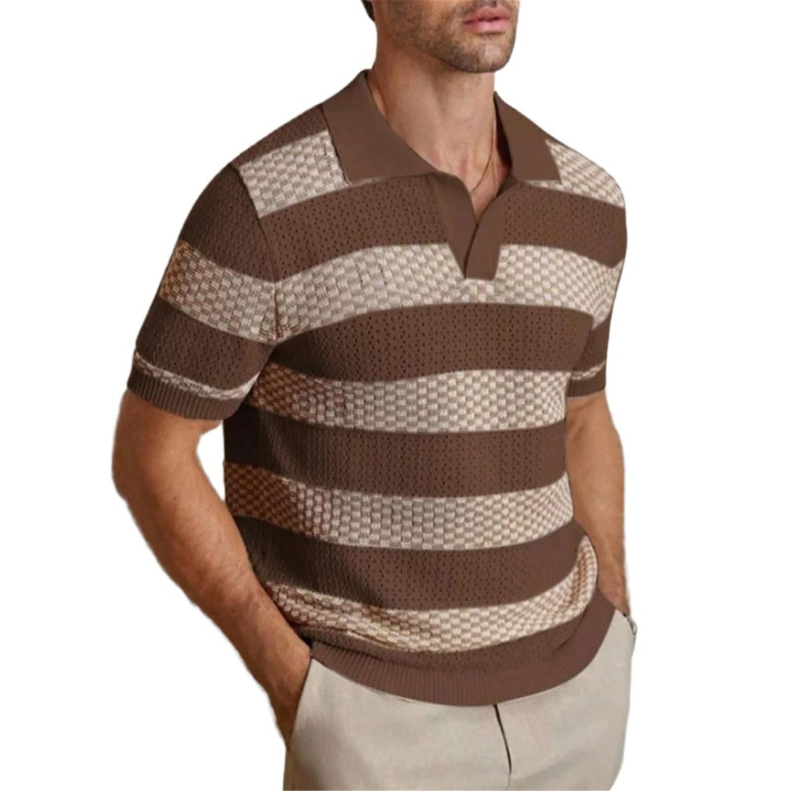 MORISTE Camicia Uomo a Righe Contrastanti Lavorata a Maglia, Colletto rivoltato Manica Corta Casual Top