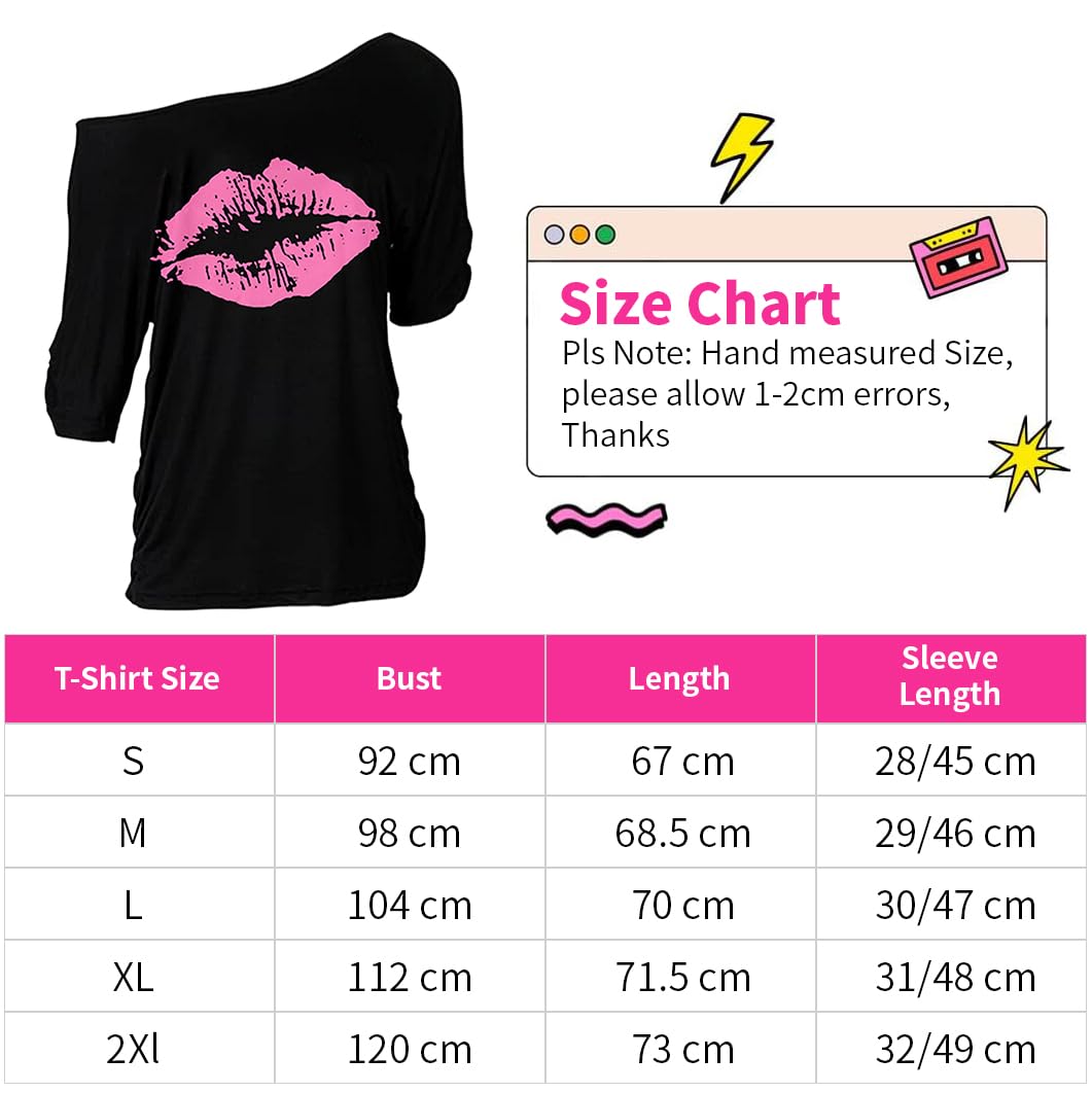 ELFIN 8 Pieces Women 80s Fancy Dress Off Shoulder Tops Lip Print 80s T-Shirt Warmers Fishnet Gloves Necklace Earring 1980s Costumes Outfit Accessories Retro Theme Party Cosplay - Image 3