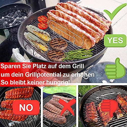 Spareribs Halter Grill – Rippchenhalter aus reinem Edelstahl für 5 Rippchen – Aufsatz zur Zubereitung von Spareribs und Braten auf Gas- und Kohlegrill, Spülmaschinengeeignet – 33 x 29 x 8 cm