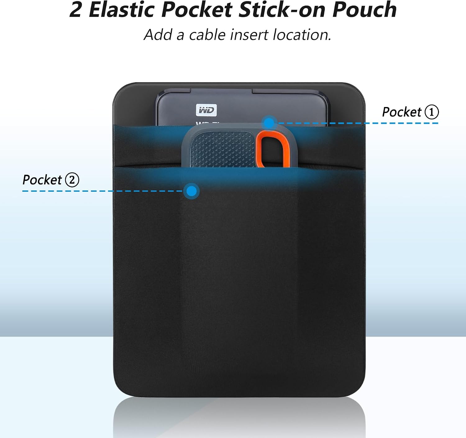 Lacdo Portable External Hard Drive Carrying Case, Hard Drive Holder for Laptop, 2-Pocket Adhesive Pouch Stick on Holder, Fit 2.5" Seagate, WD, Toshiba External HDD, SSD, Cable, Magic Mouse, Black