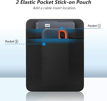 Lacdo Portable External Hard Drive Carrying Case, 2-Pocket Stick on Pouch Holder for Laptop, Fit 2.5 Seagate, WD, Toshiba External HDD, SSD, Wireless Mouse,Cable, Sleeve with Reusable Adhesive, Black