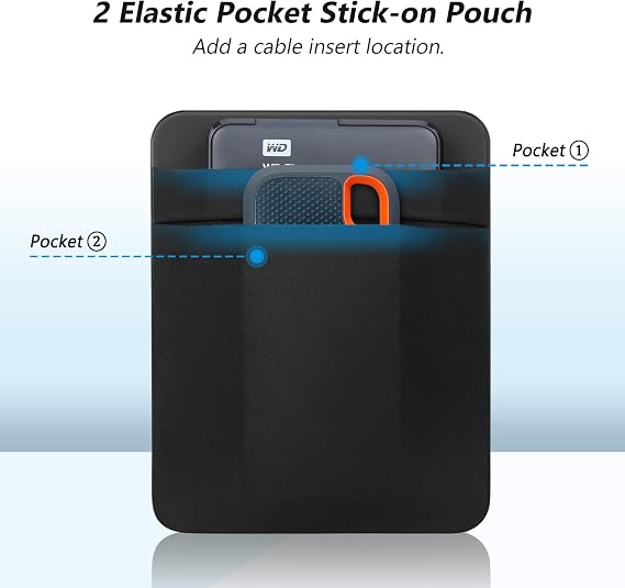 Lacdo Portable External Hard Drive Carrying Case, 2-Pocket Stick on Pouch Holder for Laptop, Fit 2.5 Seagate, WD, Toshiba External HDD, SSD, Wireless Mouse,Cable, Sleeve with Reusable Adhesive, Black