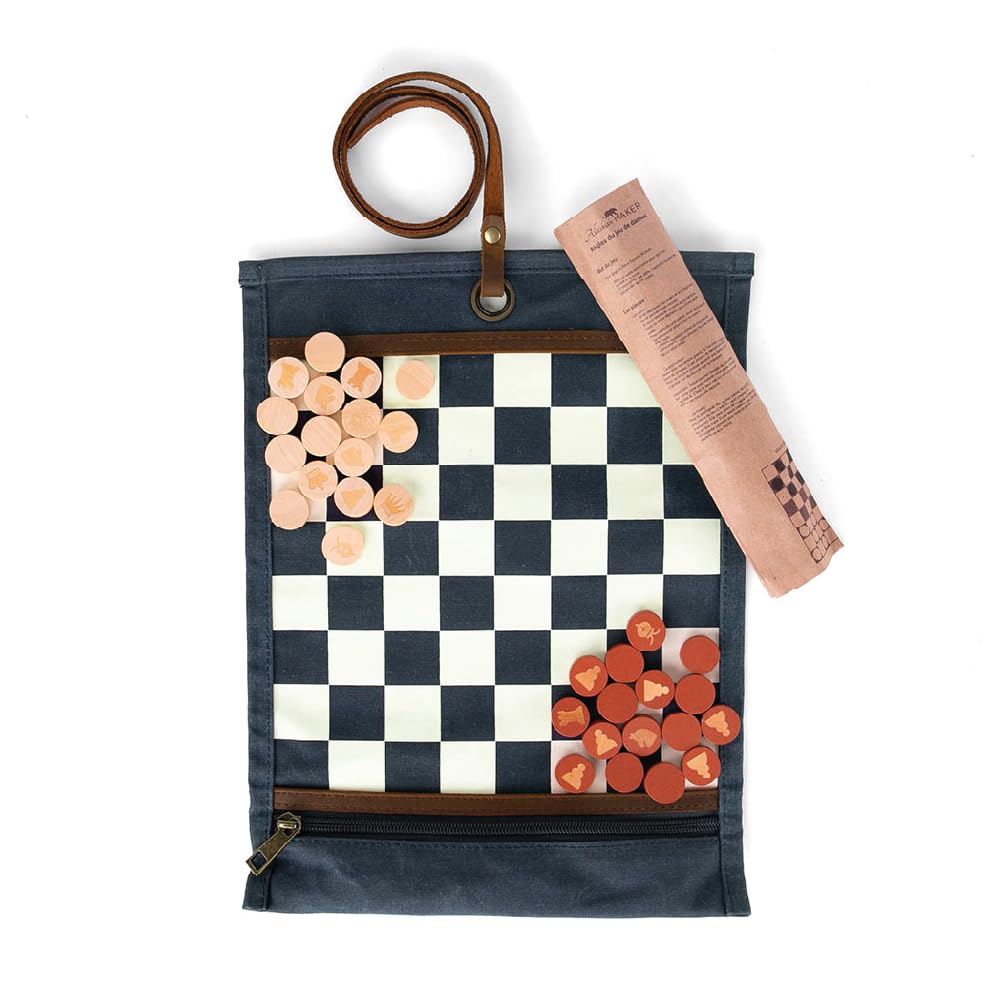 Alaskan MAKER - Juego de ajedrez y mujer 2 en 1 - Alfombra de lona waxee enrollable - Peones de madera - Cordón de cuero de grano completo - Ideal para viajar y jugar en cualquier lugar (azul marino)