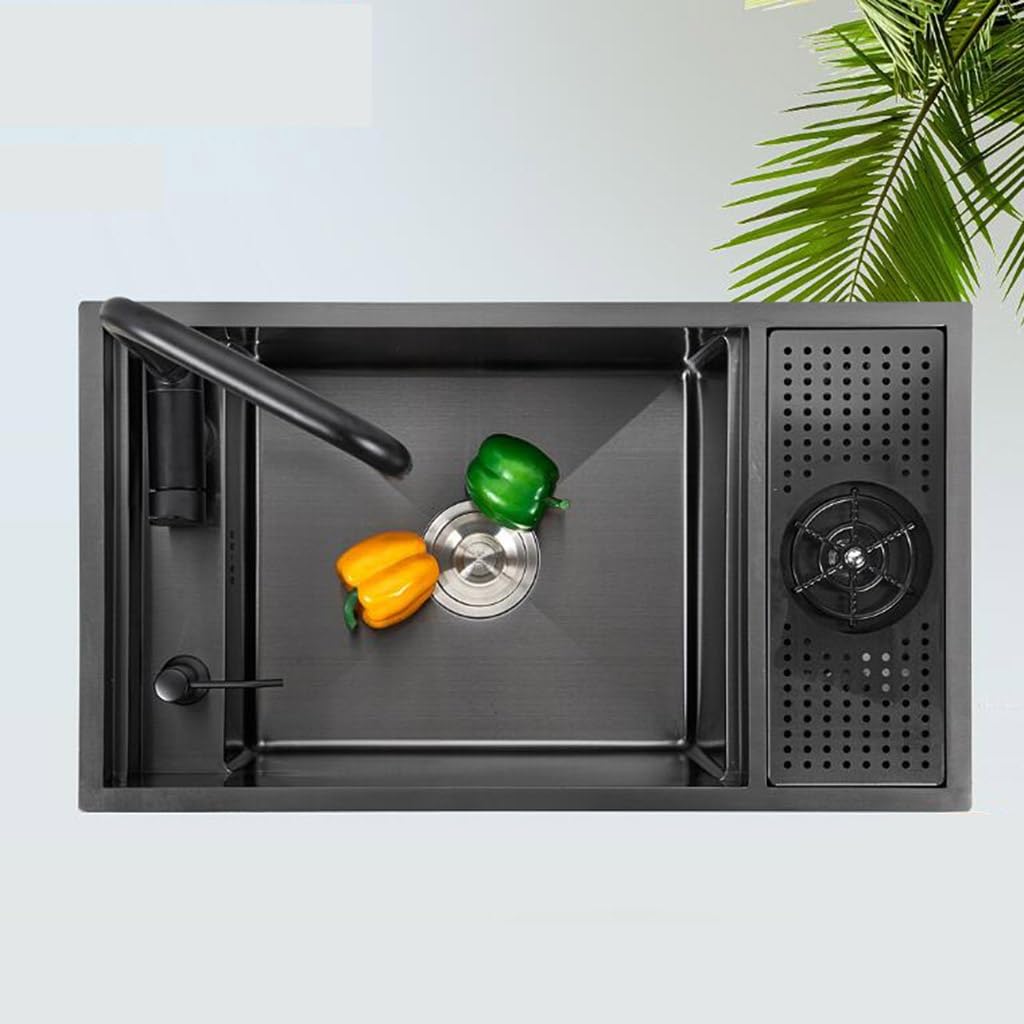 Fregadero Oculto De Cocina Fregadero De Bar Comercial De Cafetería Con Lavavasos Fregadero De Sifón Para Vehículos Recreativos Con Tapa, Grifo Plegable Ahorra Espacio ( Color : negro , S : 55*32*22cm